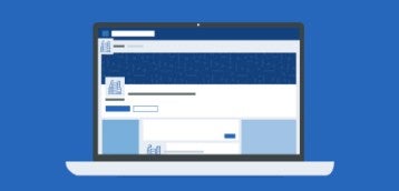 Blue box with laptop showing example LinkedIn page