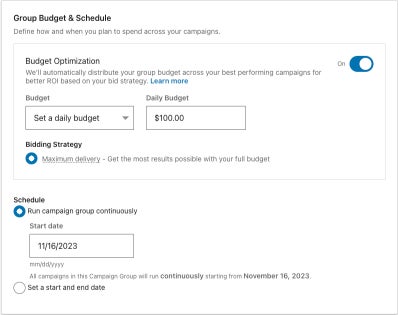 Screenshot of Campaign Manager, "group budget & schedule" section