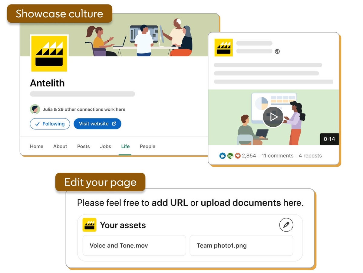 Illustration of a LinkedIn profile highlighting three features: page editing and showcasing culture with a LinkedIn profile and video post.