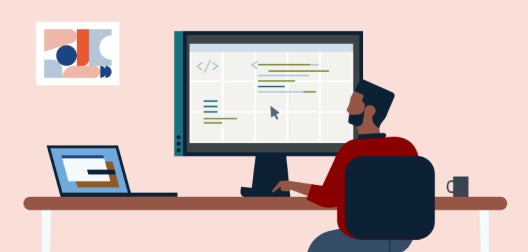 illustration of man at desk on computer