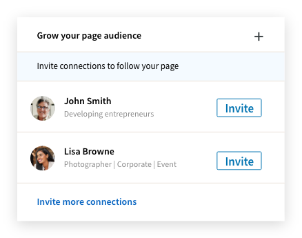 Grow your page audience invite examples, with professionals John Smith and Lisa Browne next to Invite buttons