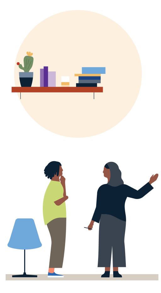 Illustration of two individuals standing an having a conversation.