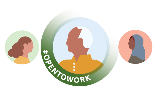 Illustratie van drie kandidaatprofielfoto’s, waarvan één de hashtag #OpenToWork heeft