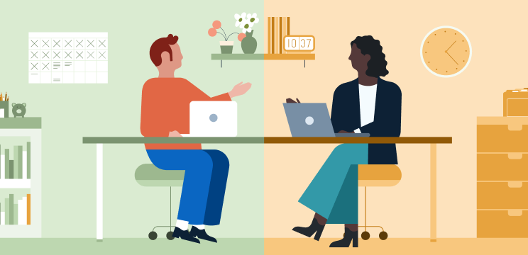 Split illustration of a man and a woman sitting at their laptops in two locations.
