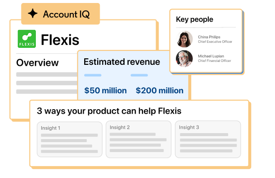 Image of LinkedIn Sales Navigator’s Account IQ feature showing company overview, revenue estimates, and key decision-makers to help sellers target high-value accounts.