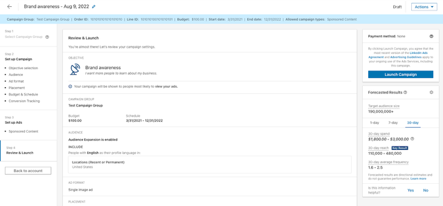 Screenshot of Campaign Manager, "Review & Launch" section