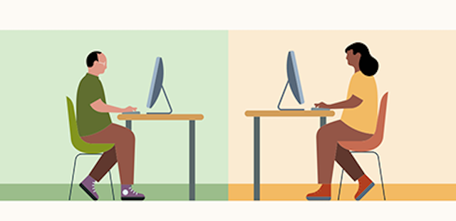 Illustration von zwei Personen auf Laptops, die sich gegenüberstehen