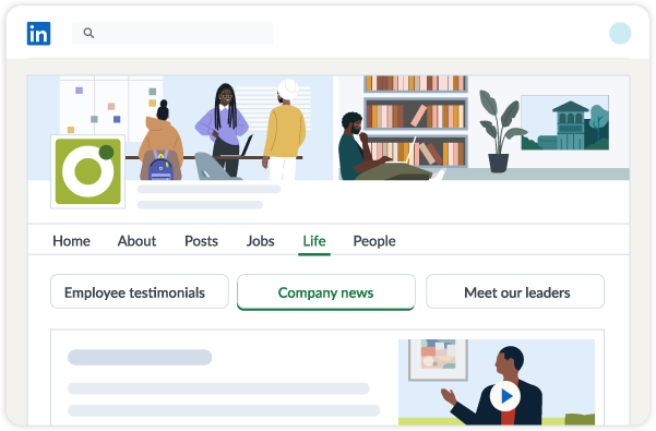 UI screen showing LinkedIn Career Pages highlighting the Life tab.