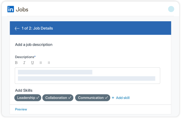 UI screen showing LinkedIn Jobs and highlighting “Step 1: Job details.