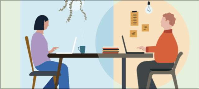 Illustration de deux personnes face à face sur leurs ordinateurs portables