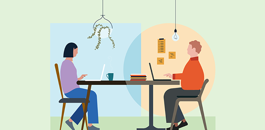 Illustration of two people working on their laptops facing eachother