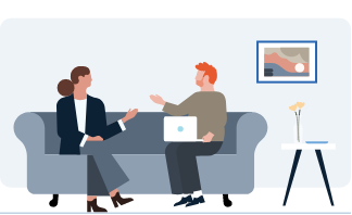 An illustration of two individuals having a conversation on a couch.