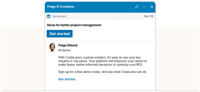 Imagem de uma janela de anúncio em mensagem do LinkedIn
