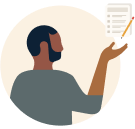 An illustration of an individual next to a checklist and pencil.