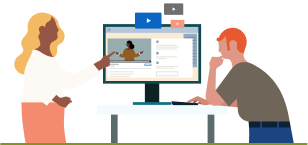 An illustration of two individuals standing at a desk.