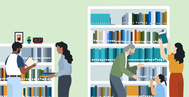 illustration of people looking at books in a library 